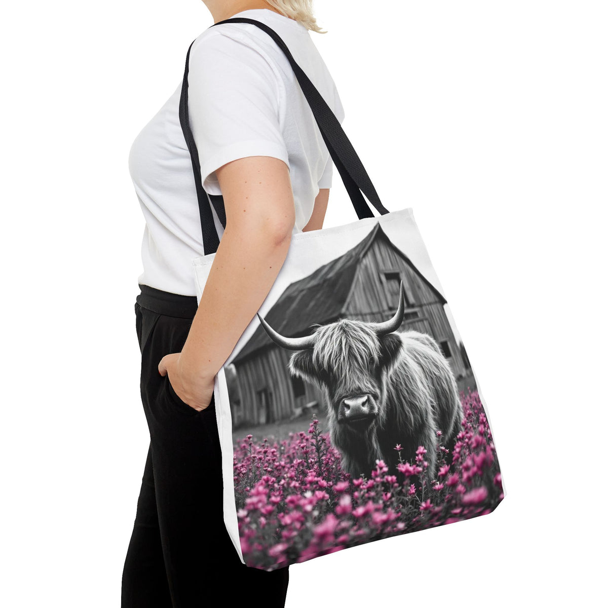 Black and White Highland Cow Tote Bag - Floral Design
