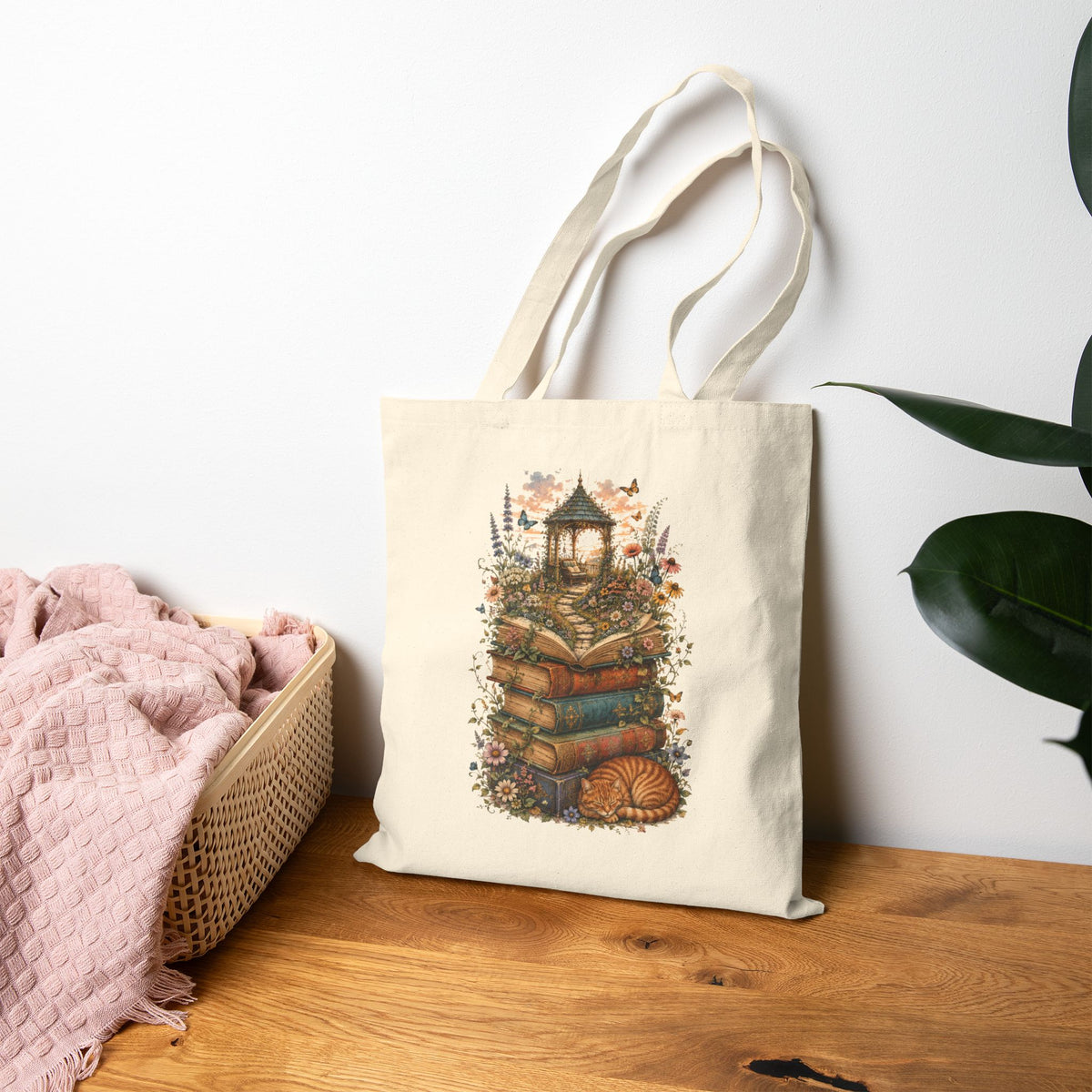 Whimsical Book Stack with Lantern Tote Bag | Autumn Floral Reader Tote