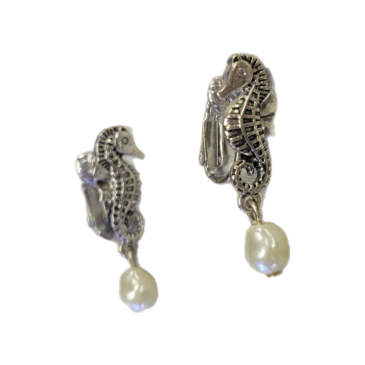 Seahorse clip on earrings with dangle pearl