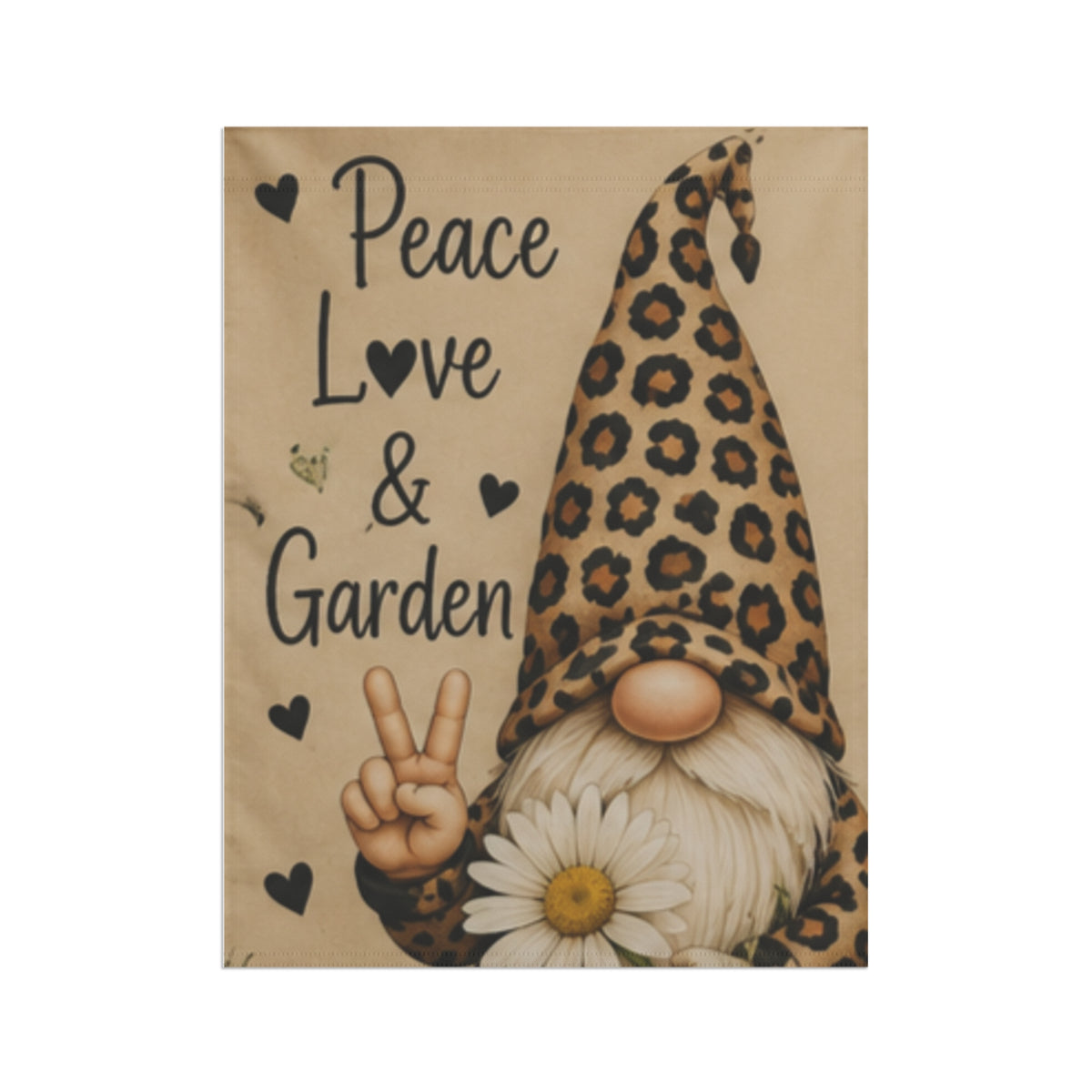 Peace, Love & Garden Gnome Garden Flag — Leopard Print Gnome Decorative Yard Banner