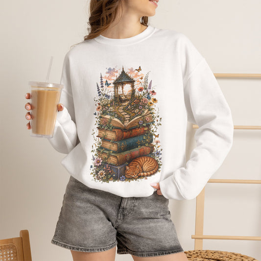 Book Lover Garden Sweatshirt – Cozy Cat, Books and Wildflowers Crewneck