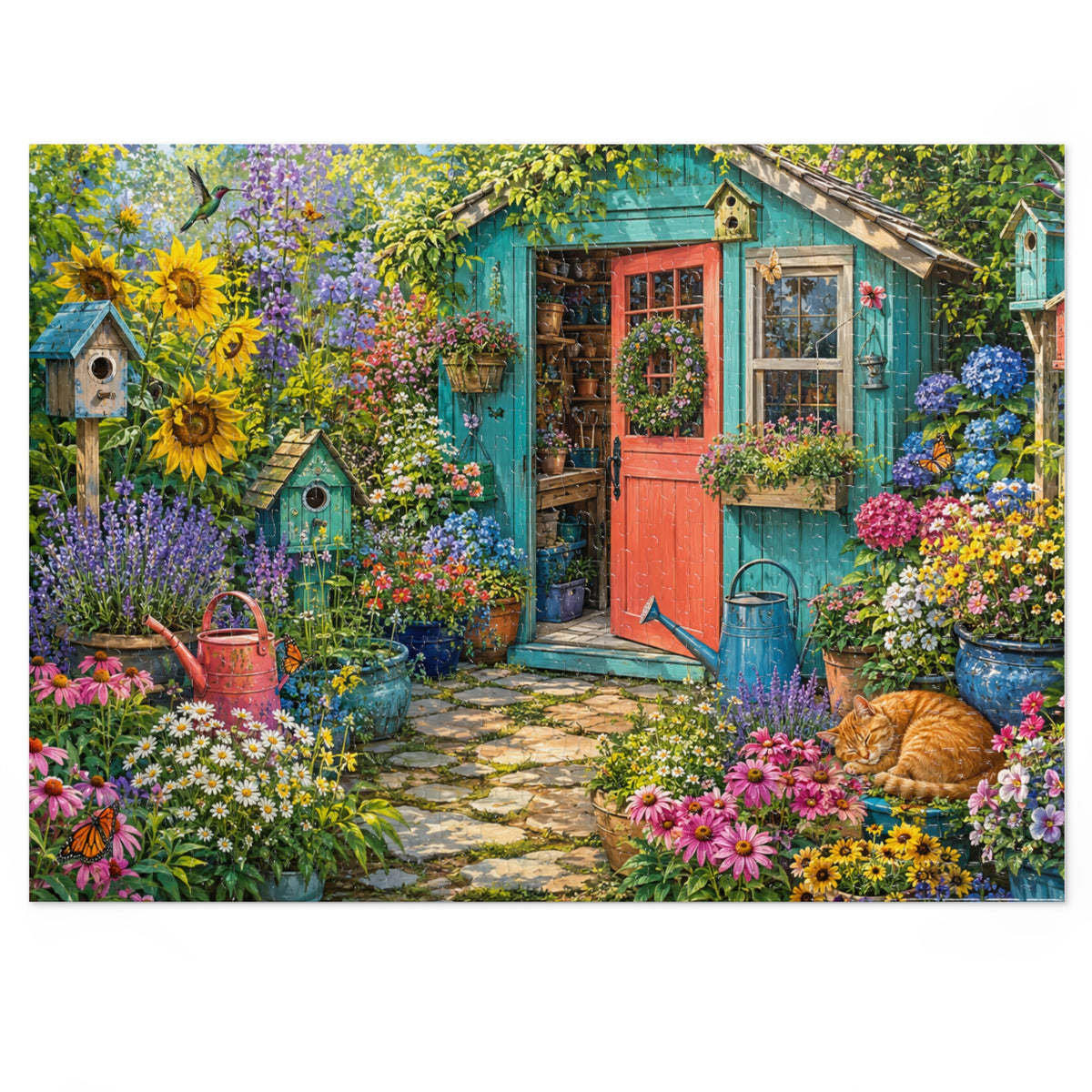 Cottage Garden Scene Jigsaw Puzzle with Tin | Floral Shed, Cat, Birdhouses