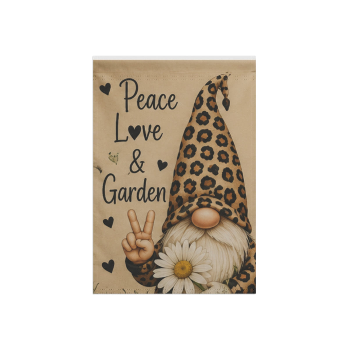 Peace, Love & Garden Gnome Garden Flag — Leopard Print Gnome Decorative Yard Banner