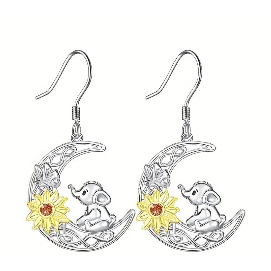 Elephant sitting on moon with sun earrings