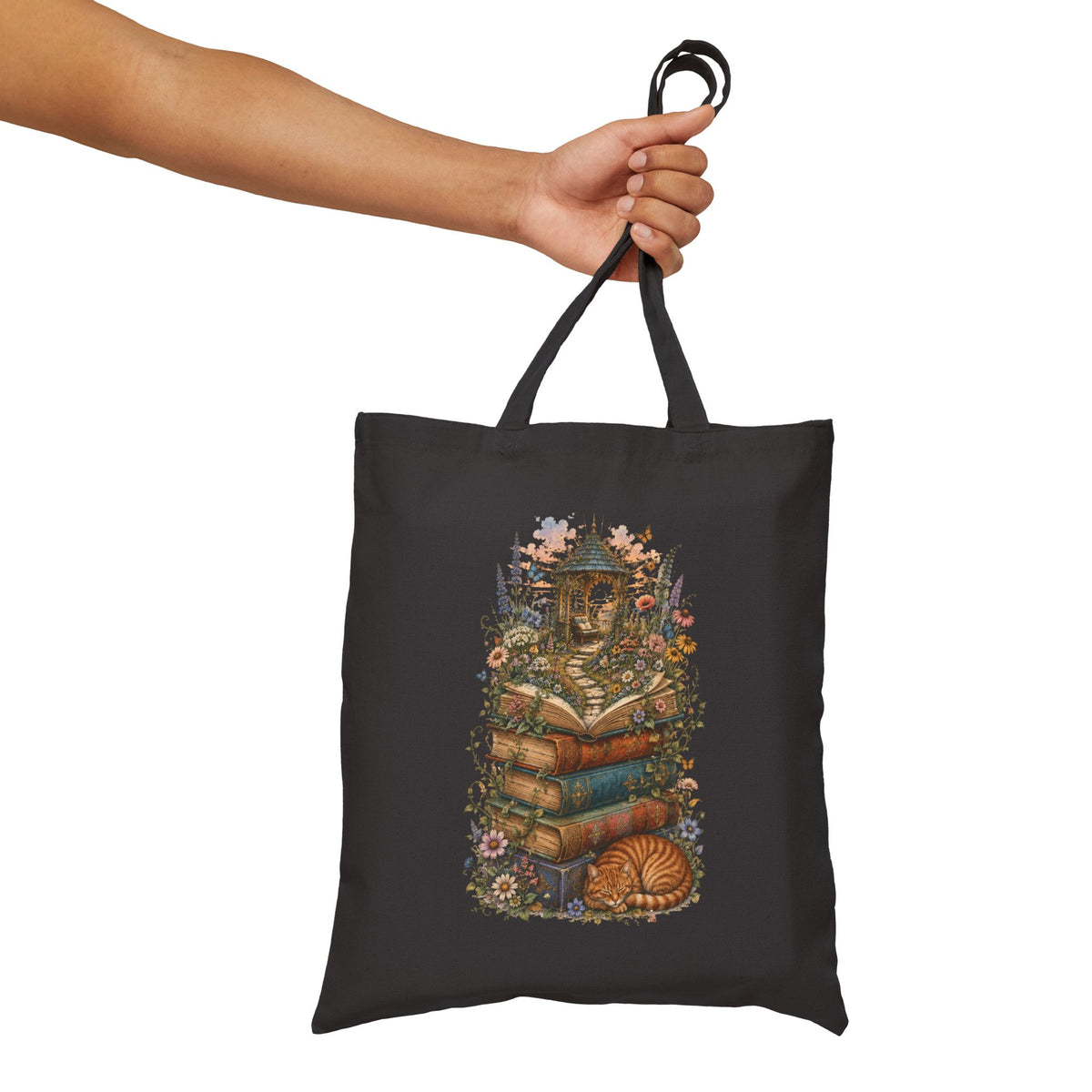 Whimsical Book Stack with Lantern Tote Bag | Autumn Floral Reader Tote
