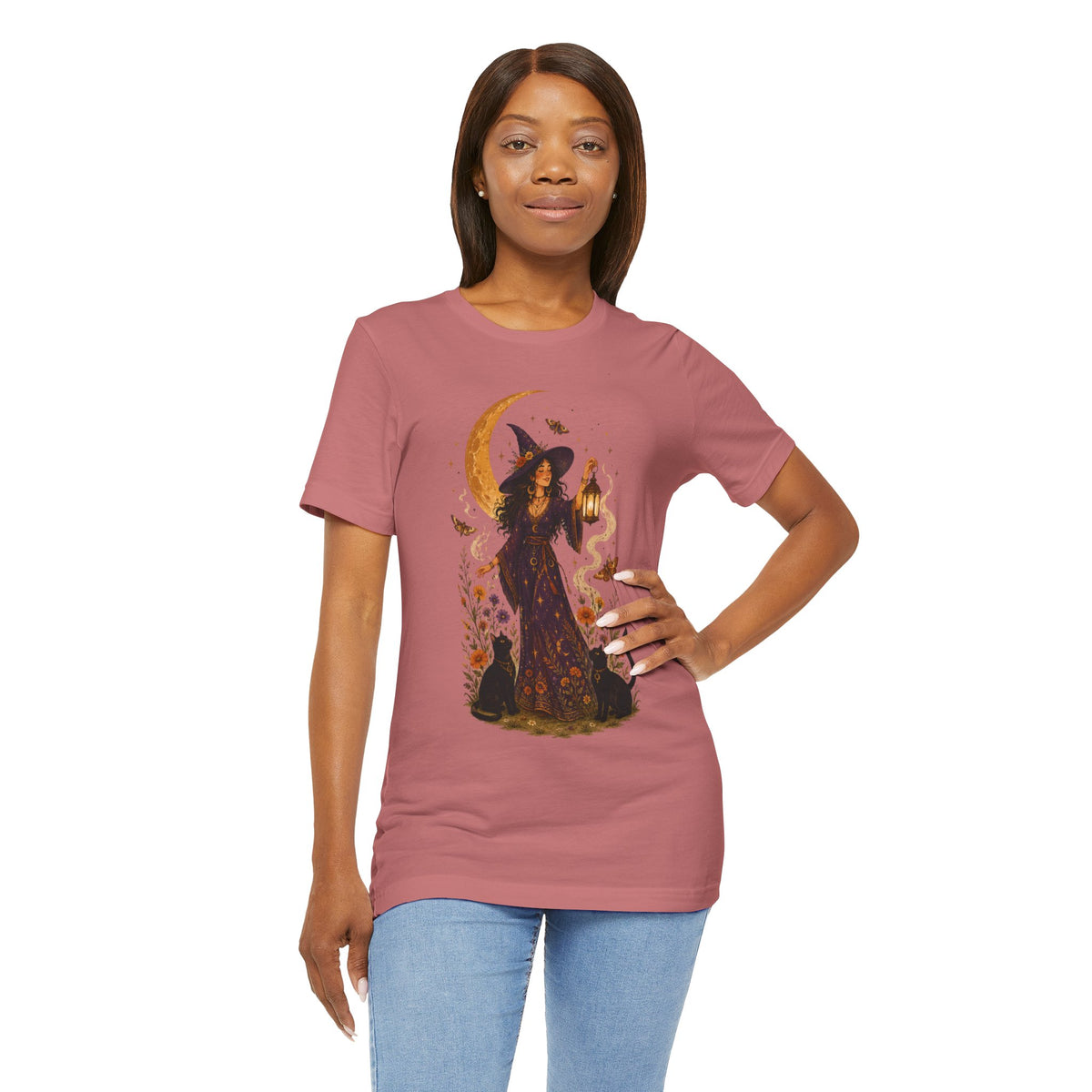 Witch with Lantern T-Shirt | Crescent Moon Halloween Tee