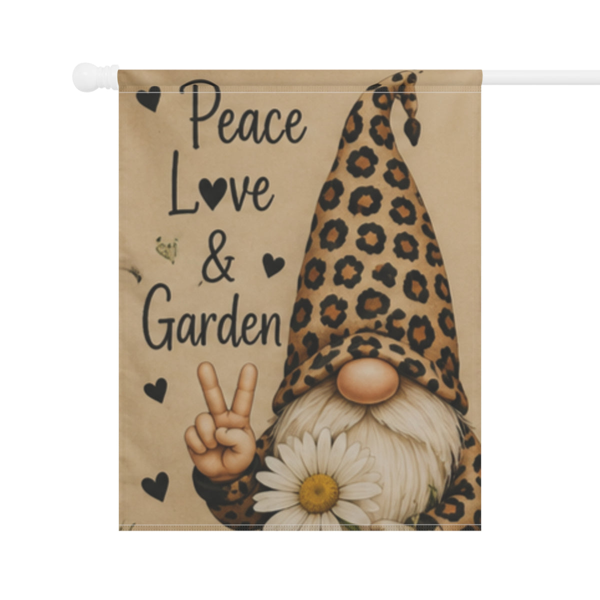 Peace, Love & Garden Gnome Garden Flag — Leopard Print Gnome Decorative Yard Banner