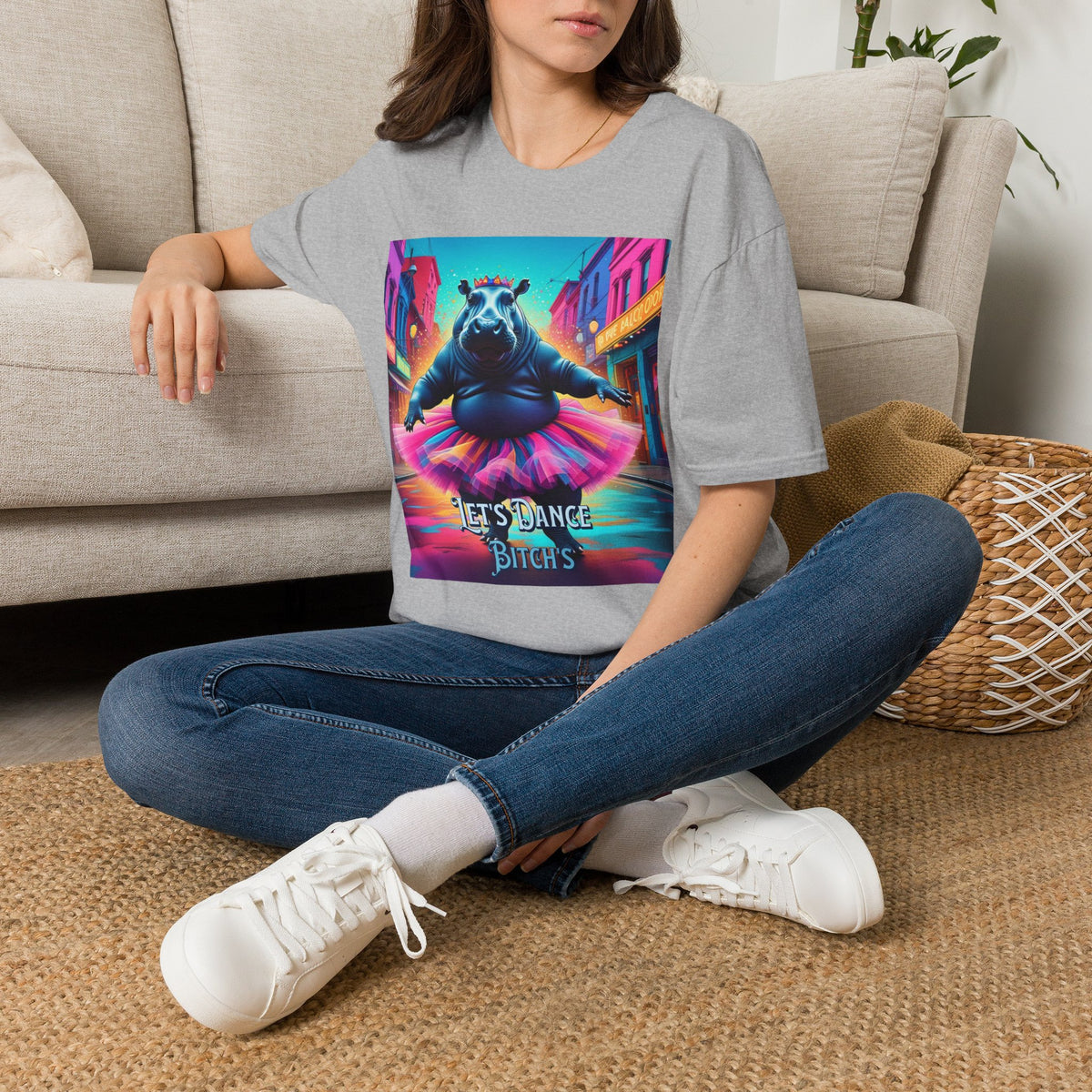 Dancing Hippo Street Scene T-Shirt | Neon Retro Graphic