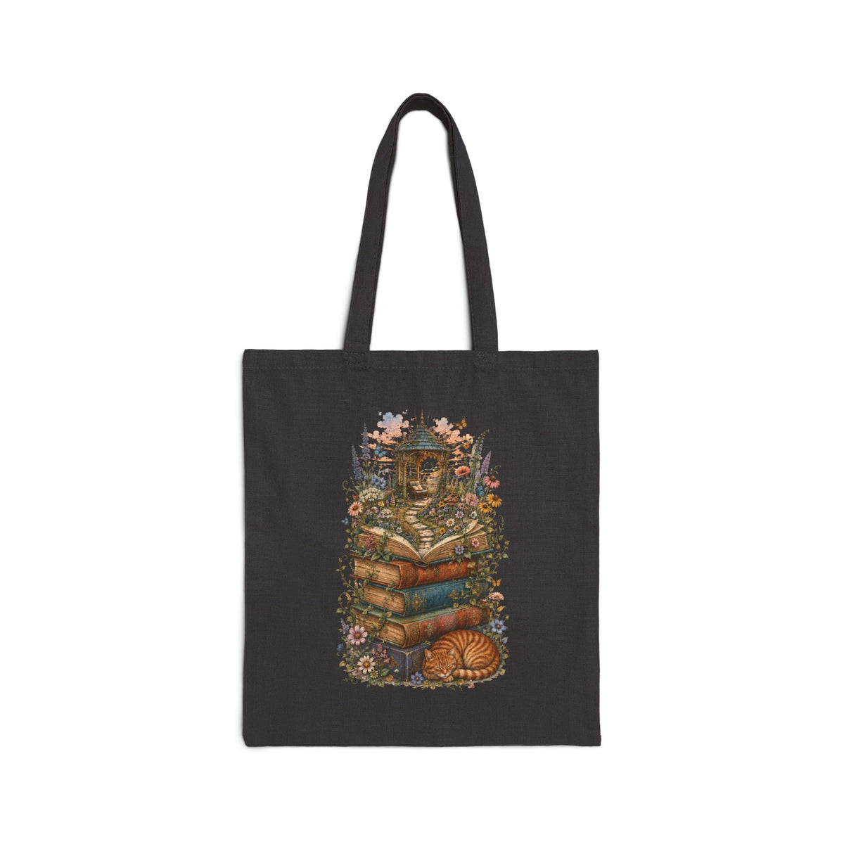 Whimsical Book Stack with Lantern Tote Bag | Autumn Floral Reader Tote