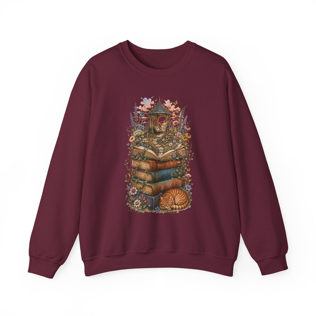 Book Lover Garden Sweatshirt – Cozy Cat, Books and Wildflowers Crewneck