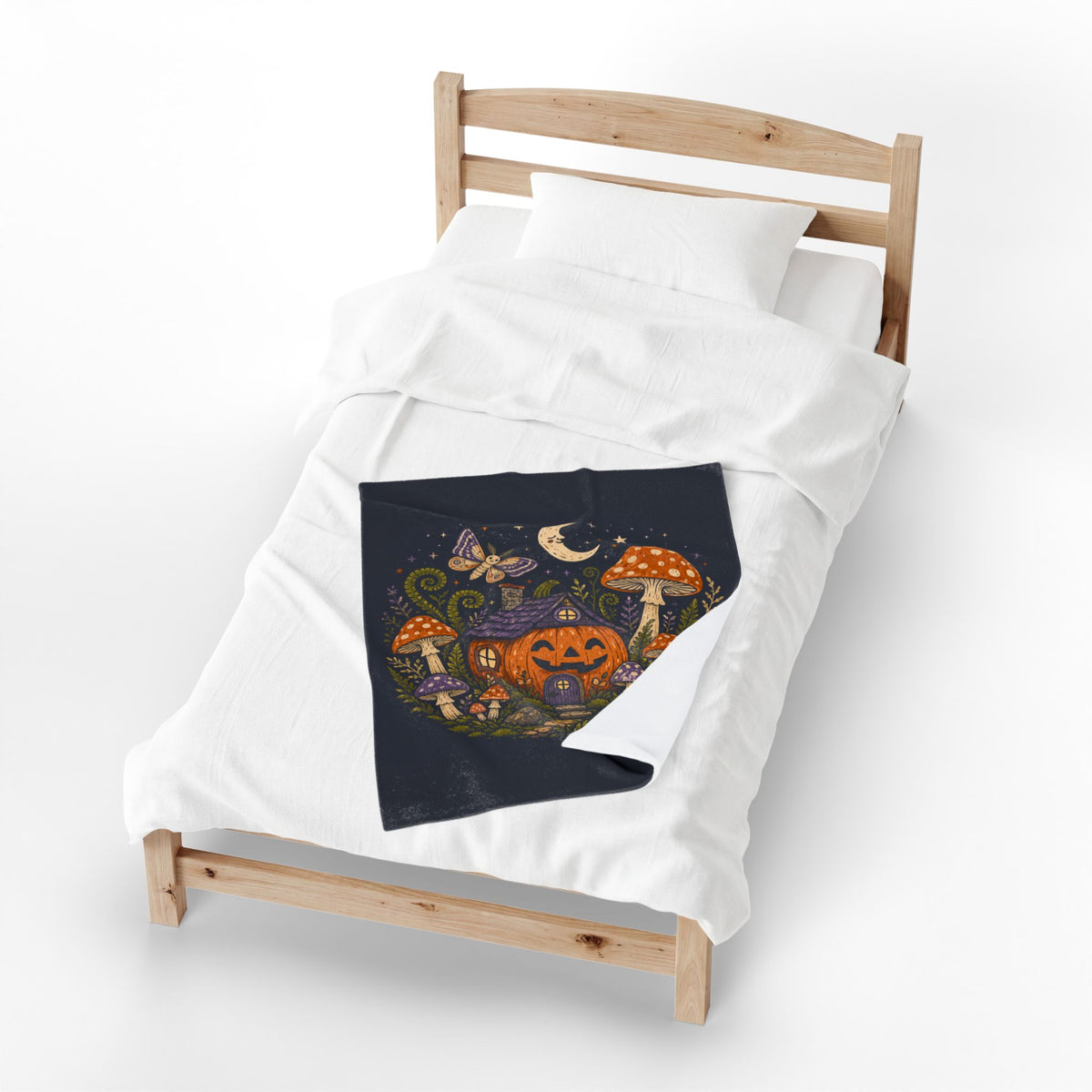 Jack-o'-Lantern Mushroom Cottage Blanket | Halloween Pumpkin Moon Illustration