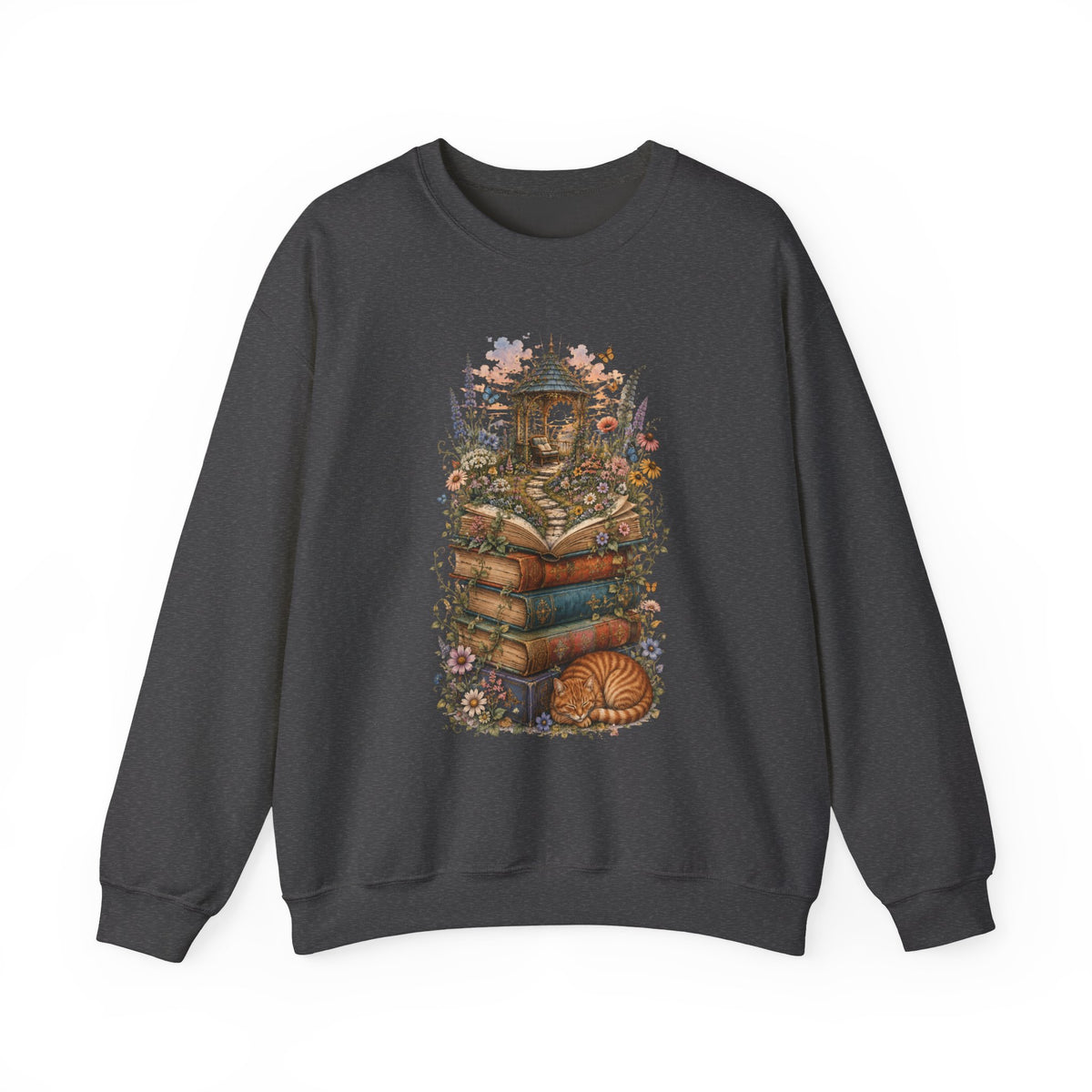Book Lover Garden Sweatshirt – Cozy Cat, Books and Wildflowers Crewneck