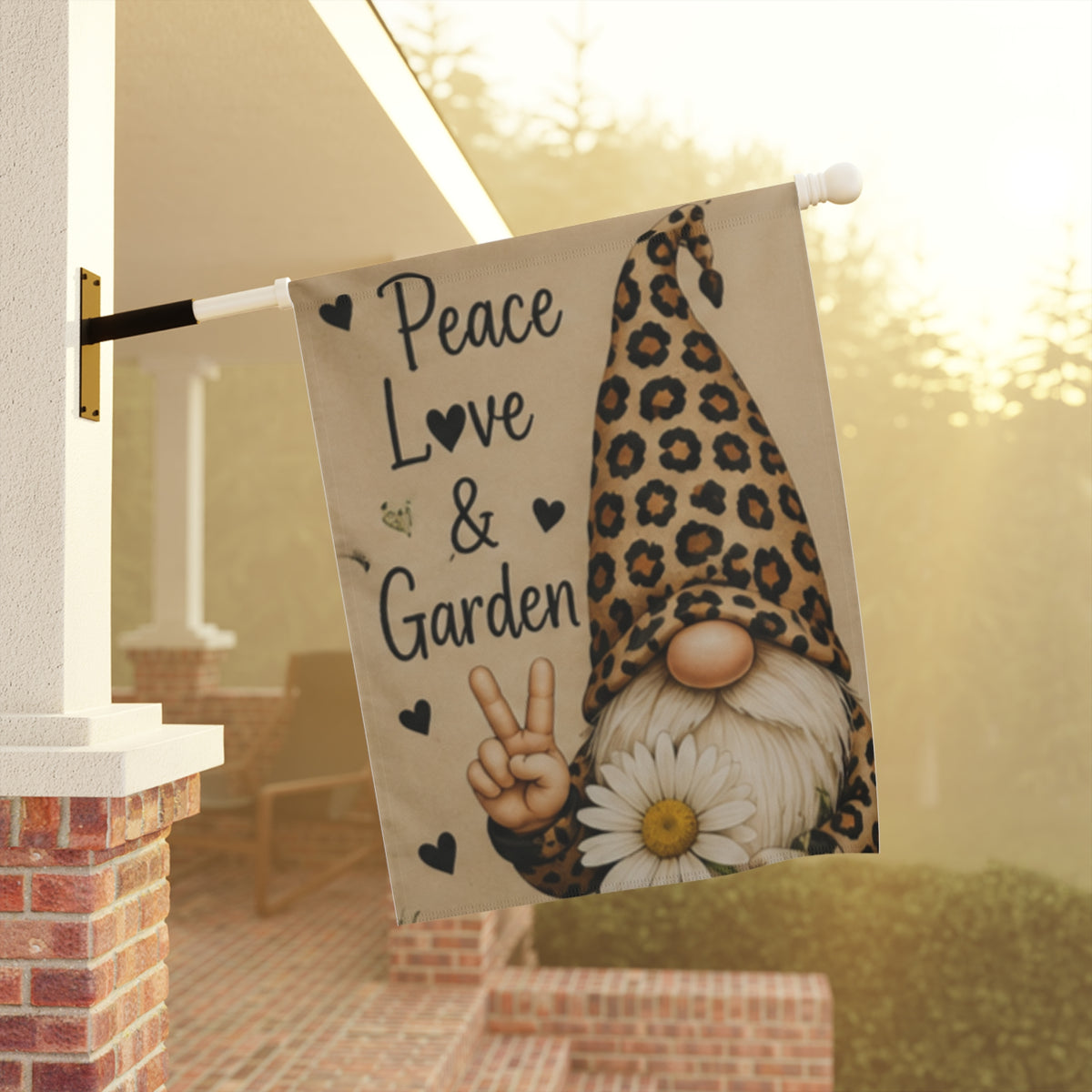 Peace, Love & Garden Gnome Garden Flag — Leopard Print Gnome Decorative Yard Banner