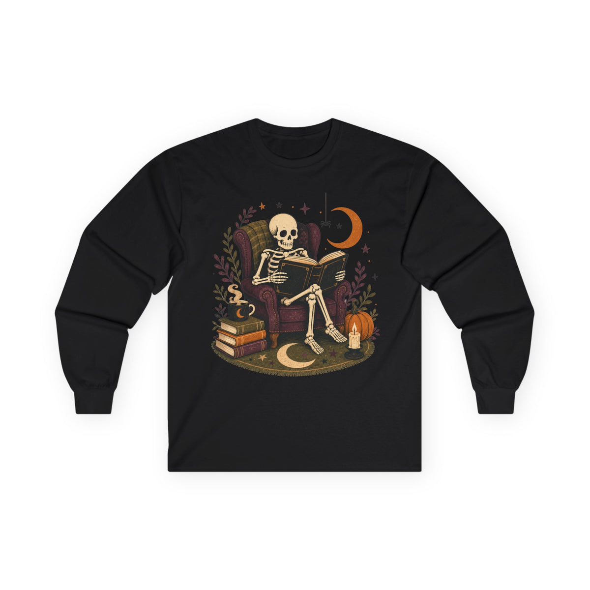 Reading Skeleton Long Sleeve | Cozy Spooky Bookish Tee