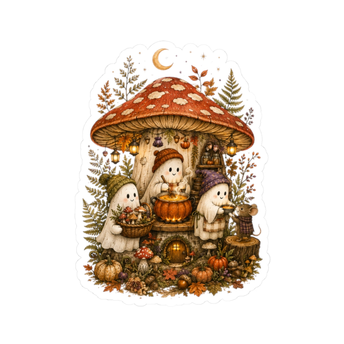 Autumn Mushroom House Sticker | Halloween Ghosts Pumpkin Fall Kiss-Cut Sticker
