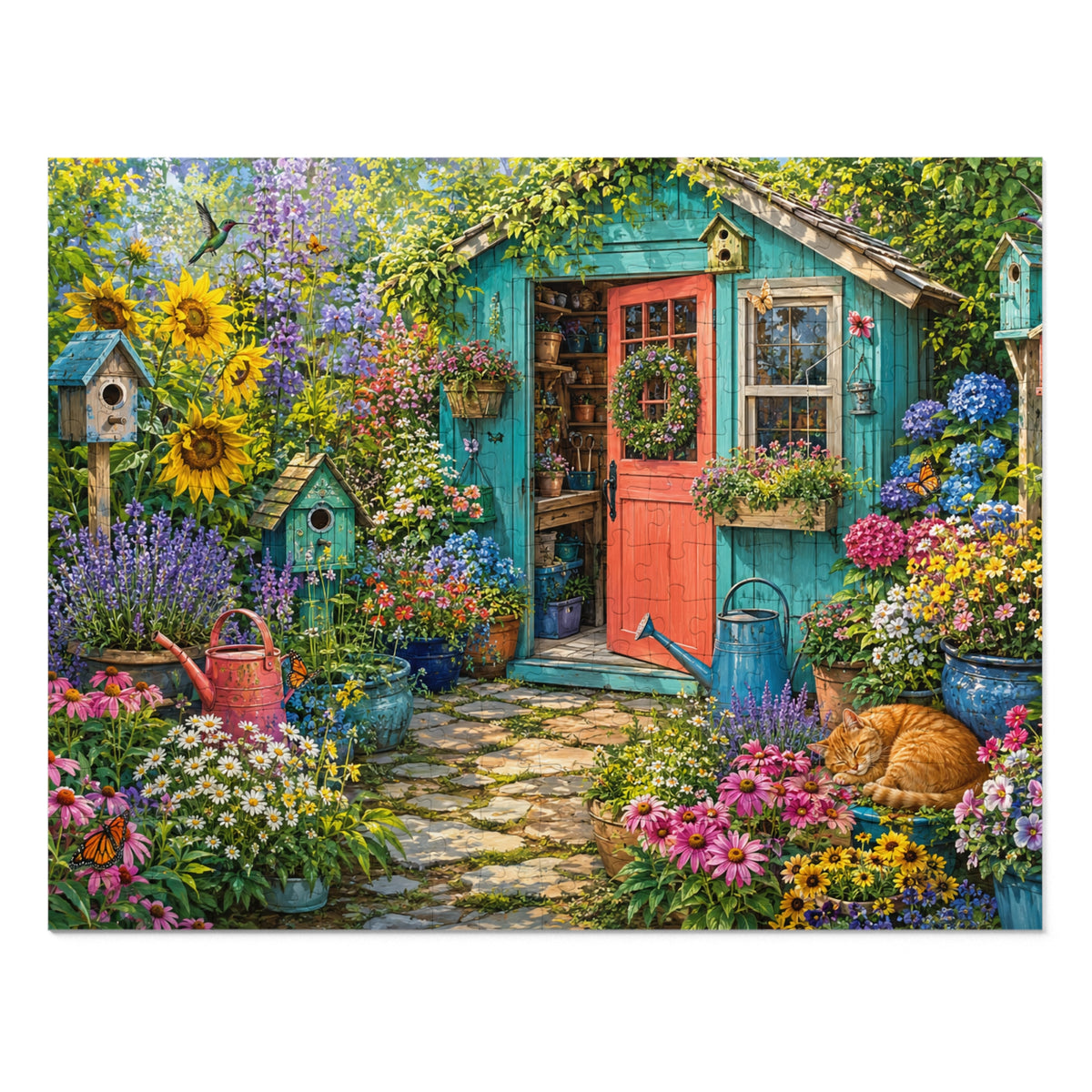 Cottage Garden Scene Jigsaw Puzzle with Tin | Floral Shed, Cat, Birdhouses