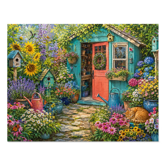 Cottage Garden Scene Jigsaw Puzzle with Tin | Floral Shed, Cat, Birdhouses