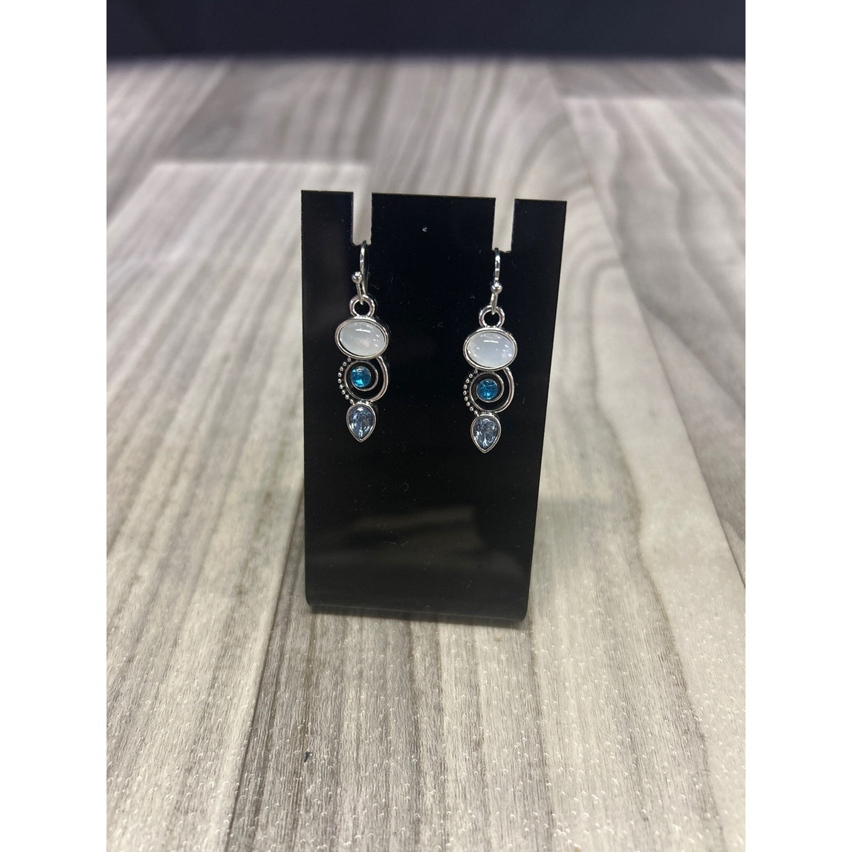 Faux moonstone dangle earrings blue rhinestones