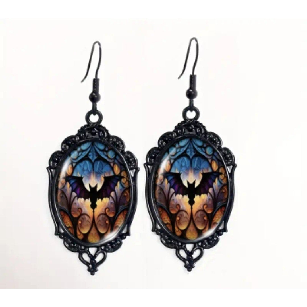 Domed Gothic Bat Earrings Halloween Earrings, Fall Gifts, Costume Bats