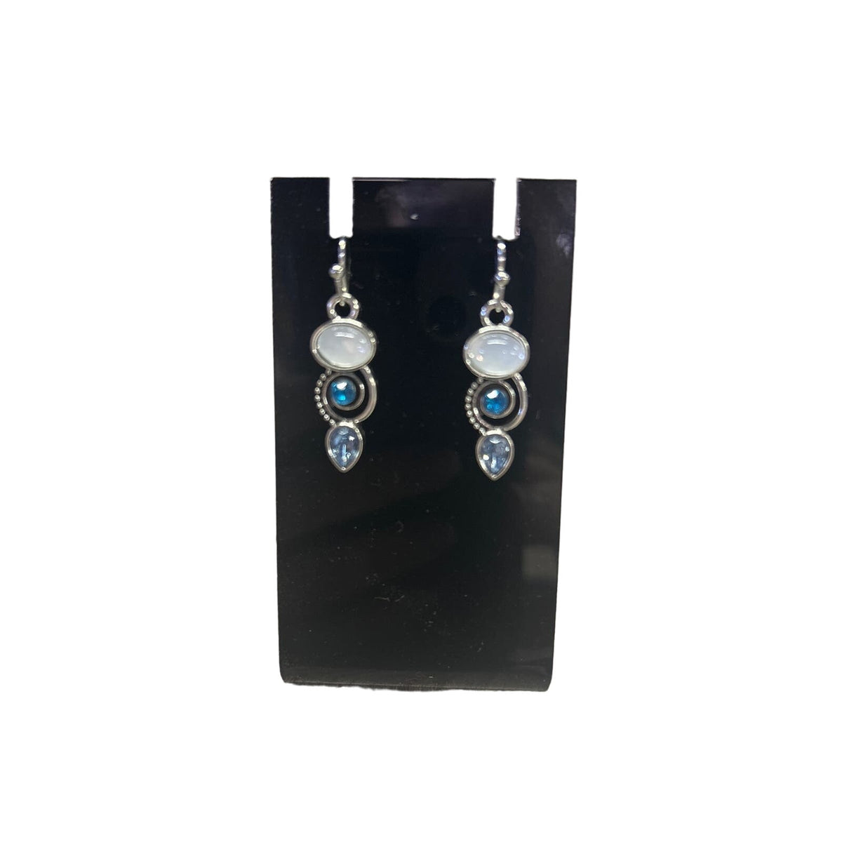 Faux moonstone dangle earrings blue rhinestones