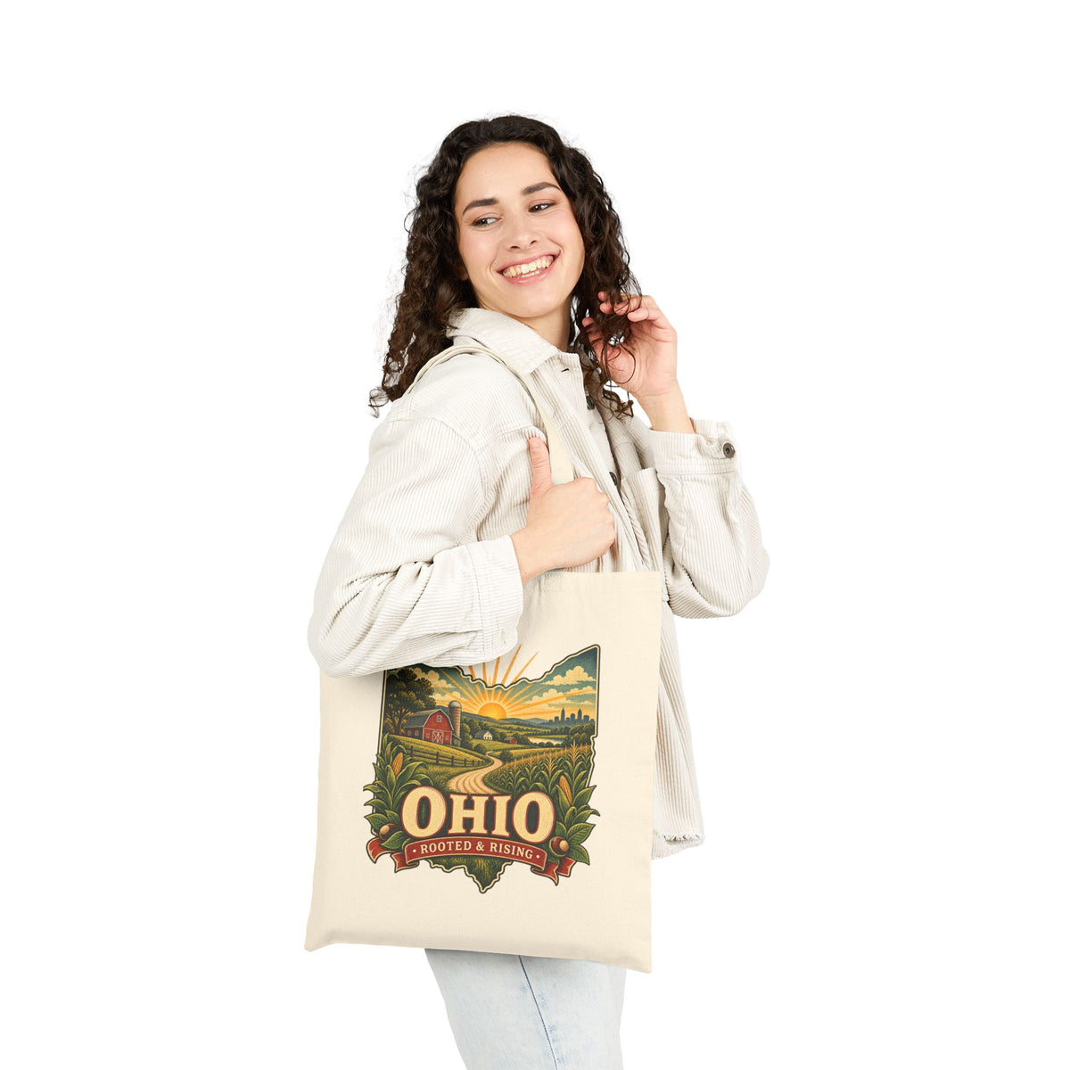 Ohio sunrise landscape Tote Bag | state map, vintage farm scene