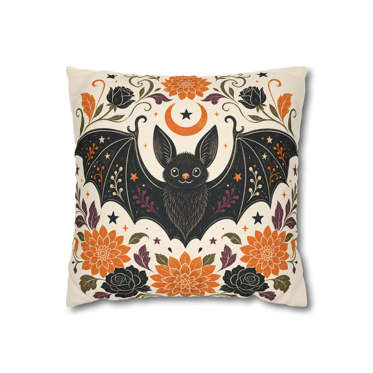 Halloween Bat Decorative Pillow Cover — Floral Moon Square Throw Pillowcase