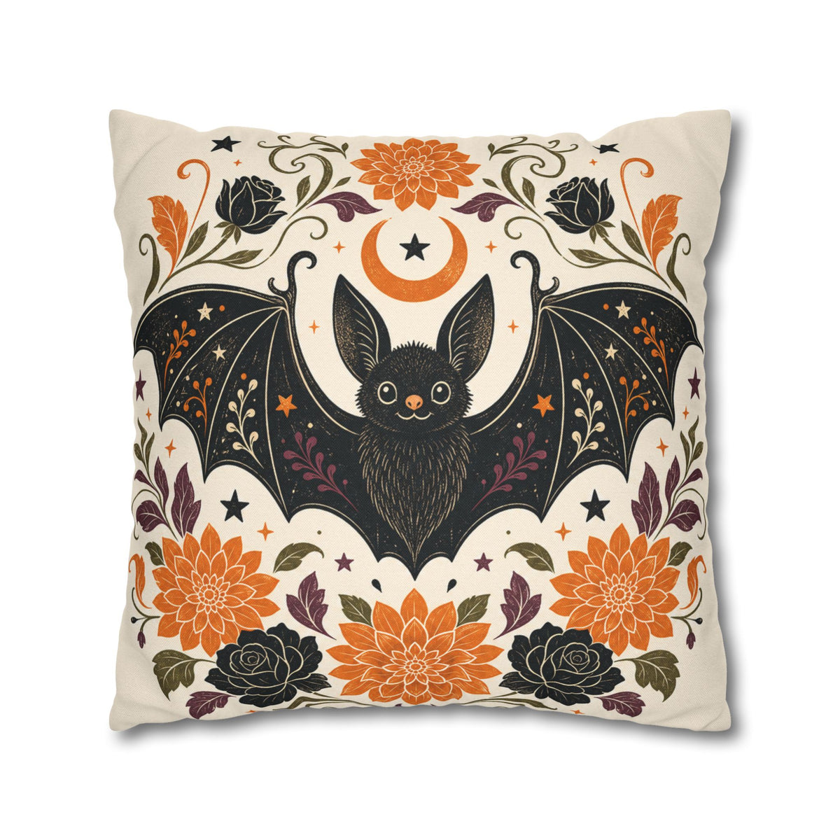 Halloween Bat Decorative Pillow Cover — Floral Moon Square Throw Pillowcase