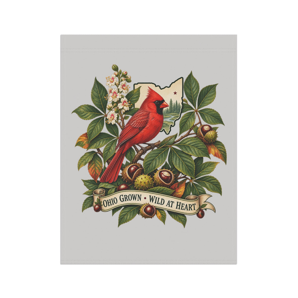 Ohio Grown Cardinal Garden Flag | House Banner, Floral Nest Design