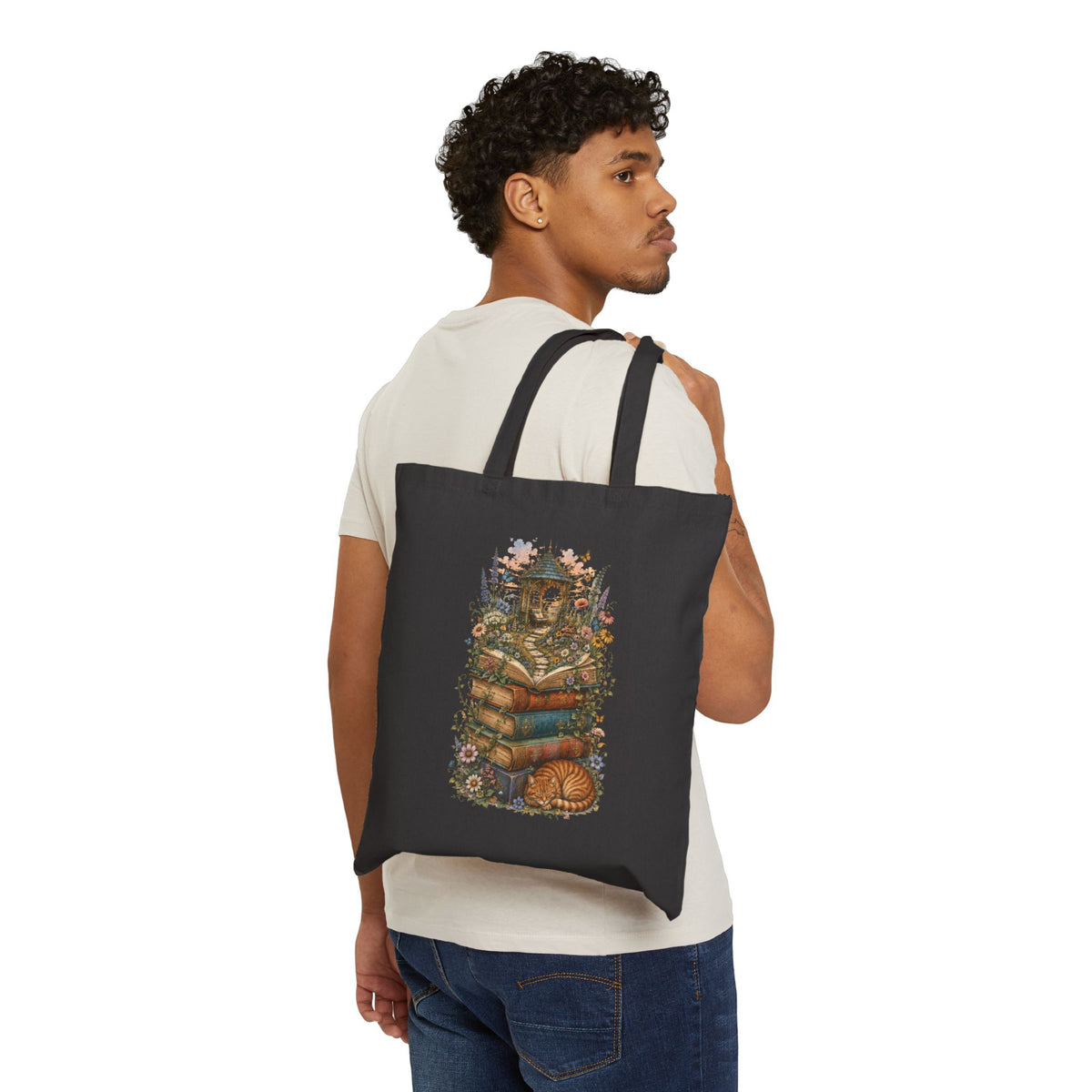 Whimsical Book Stack with Lantern Tote Bag | Autumn Floral Reader Tote