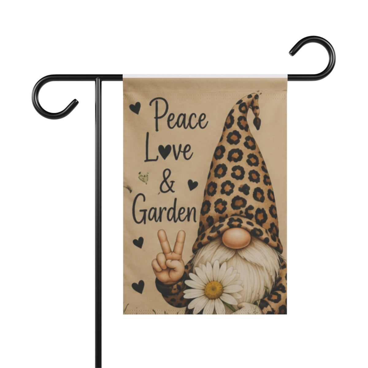 Peace, Love & Garden Gnome Garden Flag — Leopard Print Gnome Decorative Yard Banner