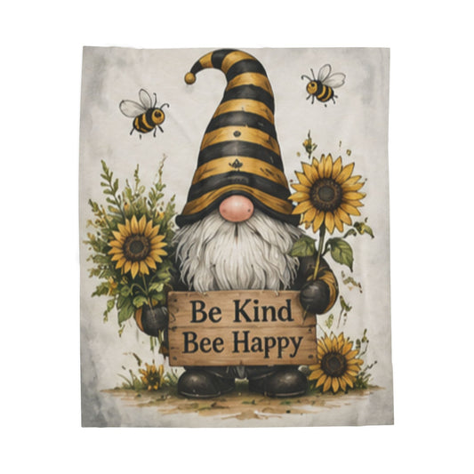 Be Kind Bee Happy Gnome Velveteen Blanket | Sunflower Bee Plush Throw