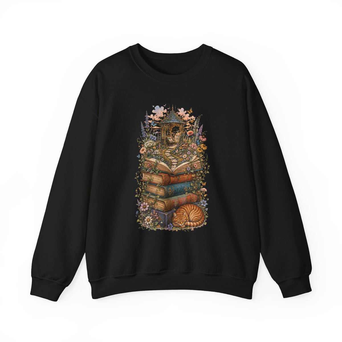 Book Lover Garden Sweatshirt – Cozy Cat, Books and Wildflowers Crewneck