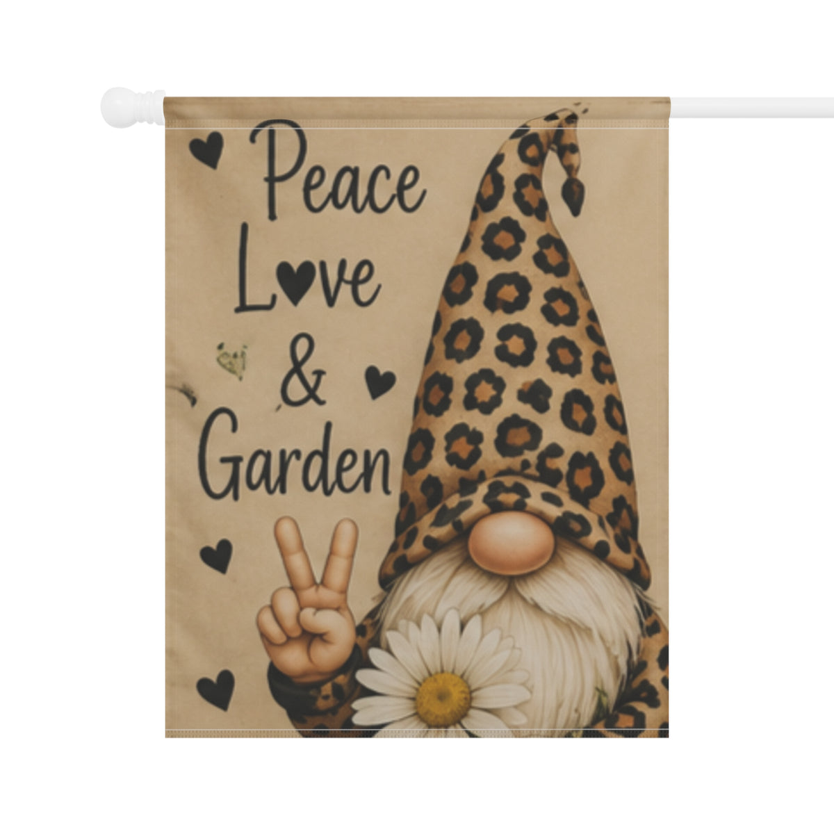 Peace, Love & Garden Gnome Garden Flag — Leopard Print Gnome Decorative Yard Banner