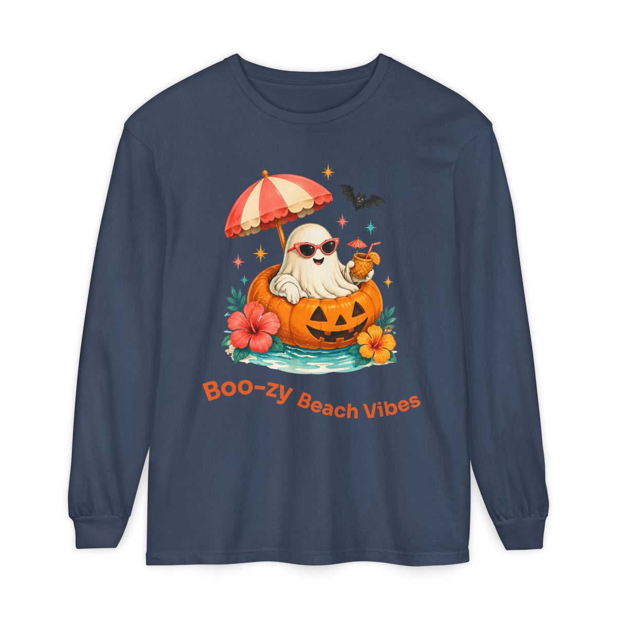 Boo-zy Beach Vibes Ghost Long Sleeve T-Shirt | Halloween Pumpkin Beach