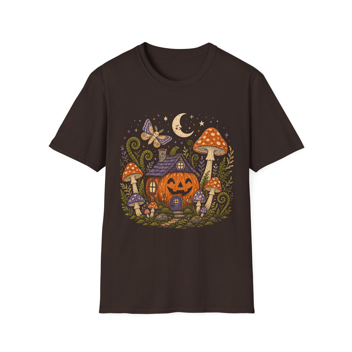 Whimsical Mushroom Cottage Halloween T-Shirt | Moonlit Moth Illustration