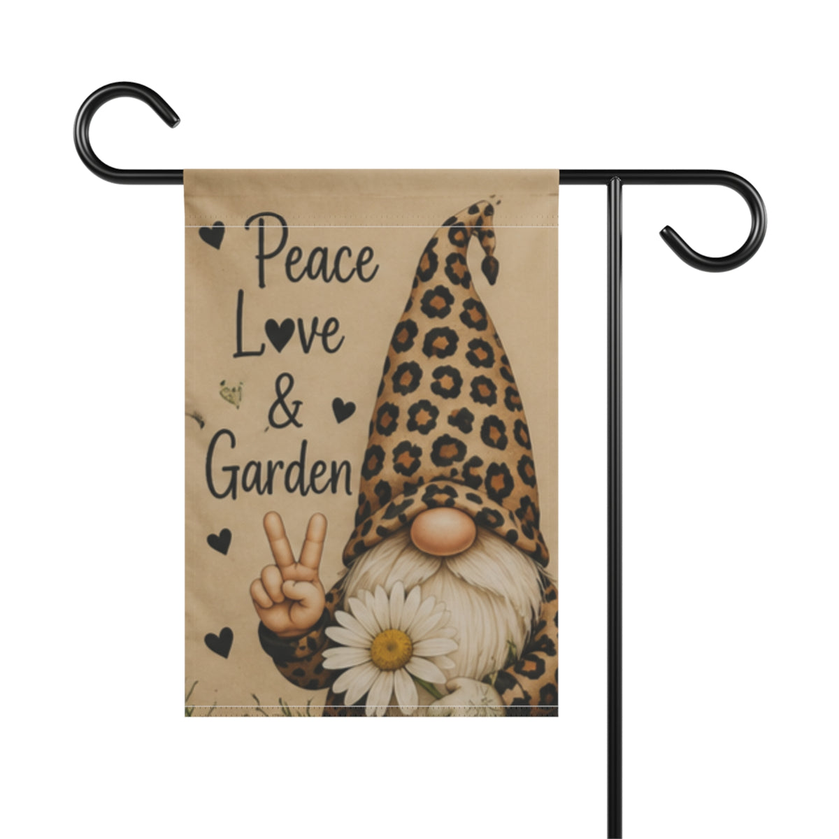Peace, Love & Garden Gnome Garden Flag — Leopard Print Gnome Decorative Yard Banner