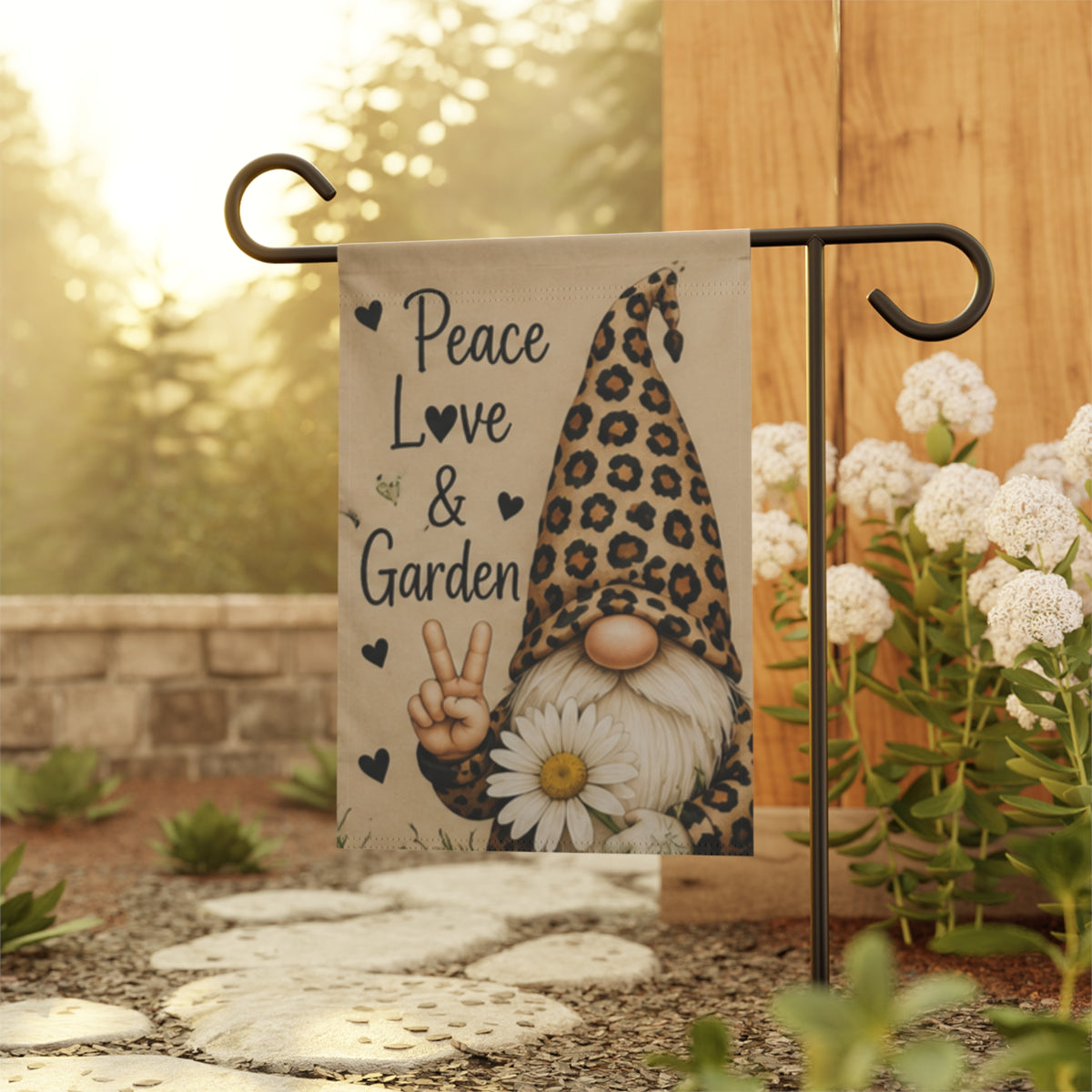 Peace, Love & Garden Gnome Garden Flag — Leopard Print Gnome Decorative Yard Banner