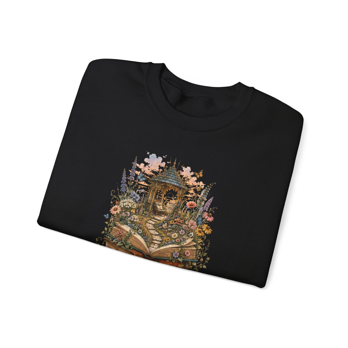 Book Lover Garden Sweatshirt – Cozy Cat, Books and Wildflowers Crewneck