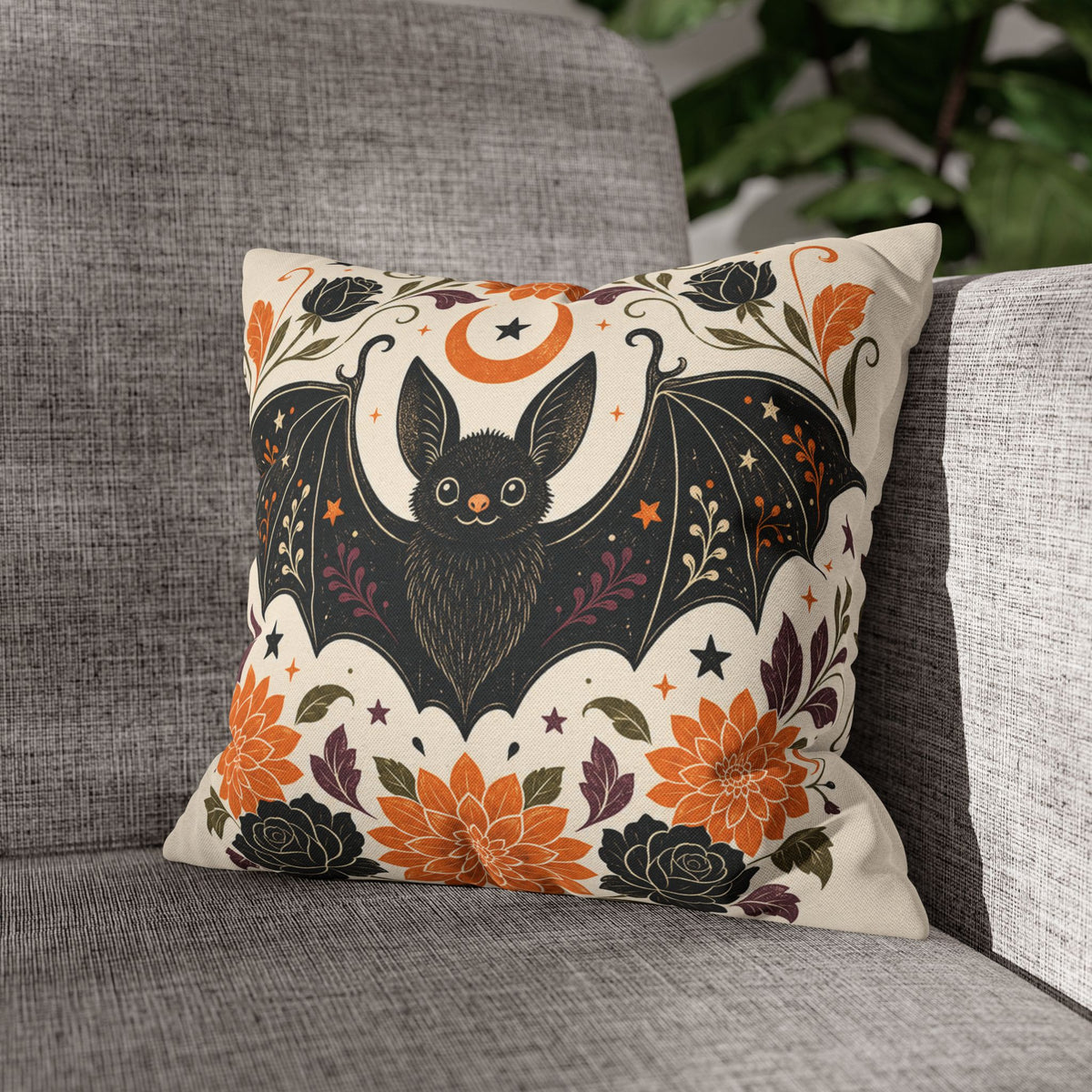 Halloween Bat Decorative Pillow Cover — Floral Moon Square Throw Pillowcase