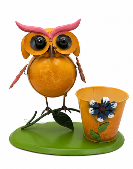 Whimsical Metal Owl Planter with Flower Pot | Cute Garden Owl Decor | Indoor Outdoor Plant Holder