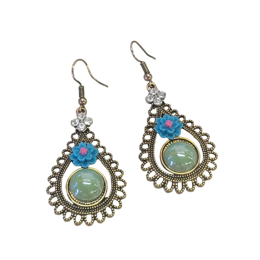 Romantic drop earrings with blue flower and green stone 2"