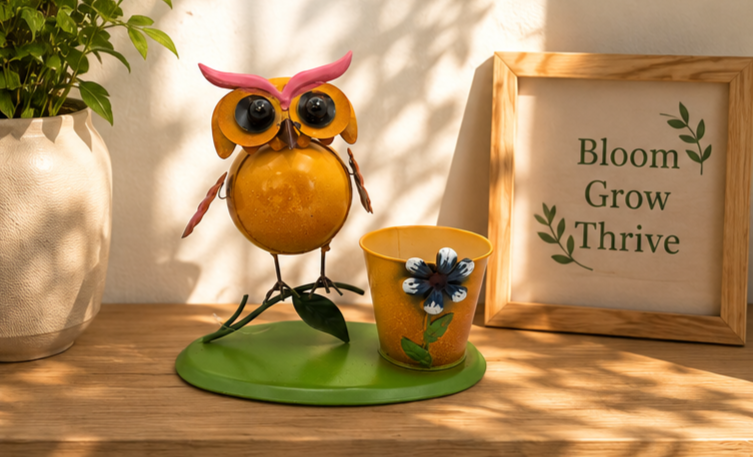 Whimsical Metal Owl Planter with Flower Pot | Cute Garden Owl Decor | Indoor Outdoor Plant Holder