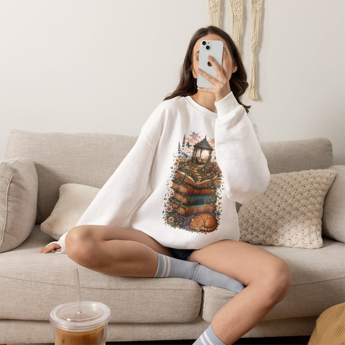 Book Lover Garden Sweatshirt – Cozy Cat, Books and Wildflowers Crewneck