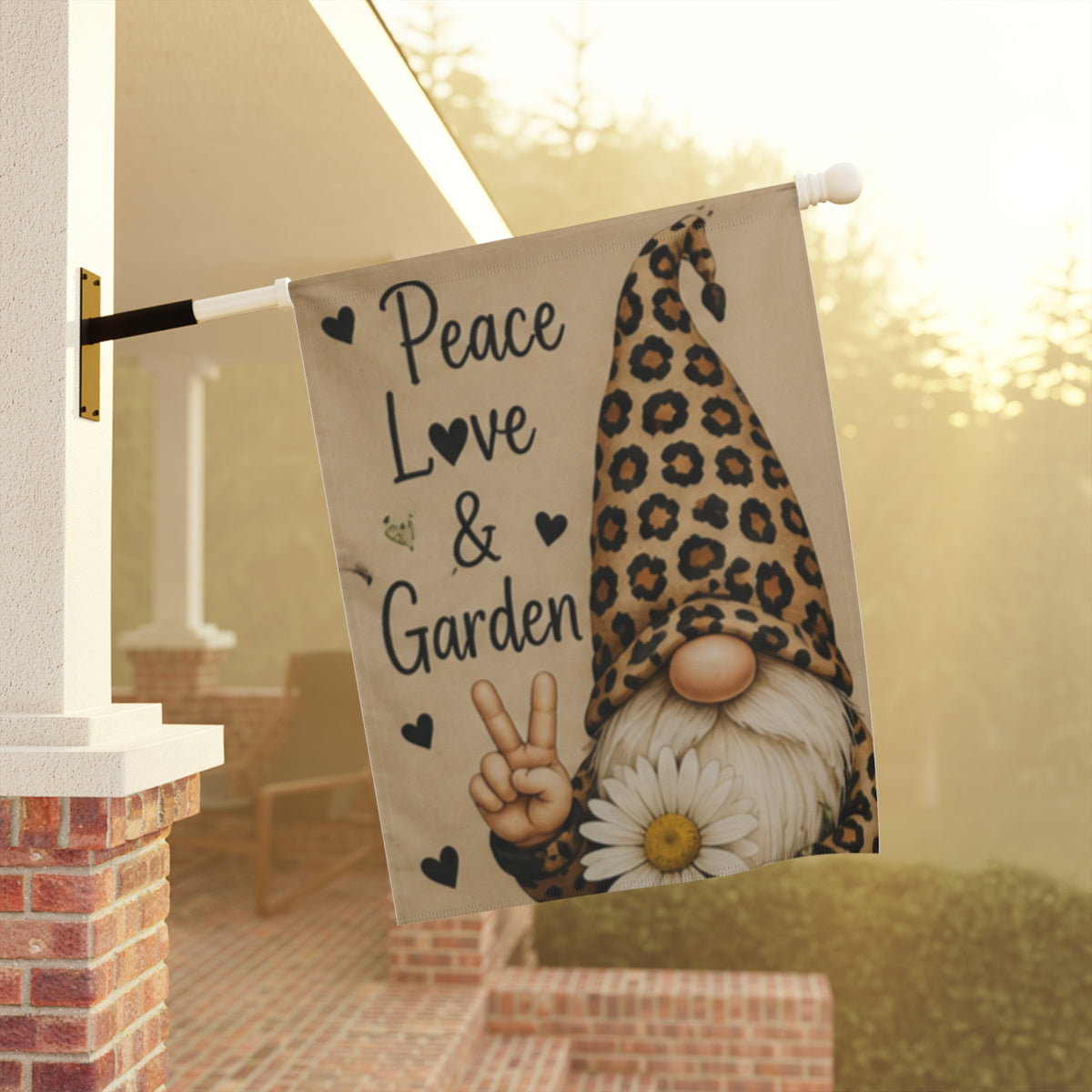 Peace, Love & Garden Gnome Garden Flag — Leopard Print Gnome Decorative Yard Banner
