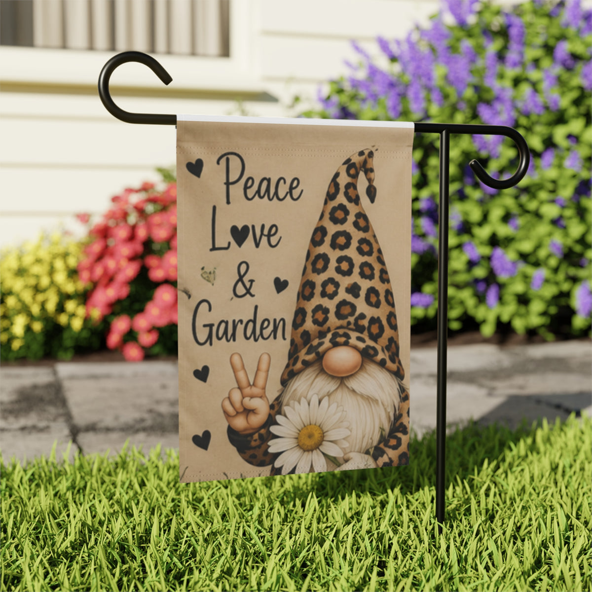 Peace, Love & Garden Gnome Garden Flag — Leopard Print Gnome Decorative Yard Banner