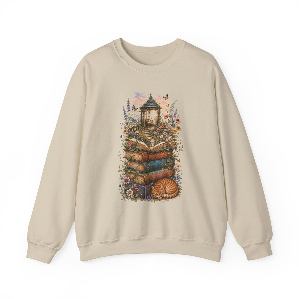 Book Lover Garden Sweatshirt – Cozy Cat, Books and Wildflowers Crewneck