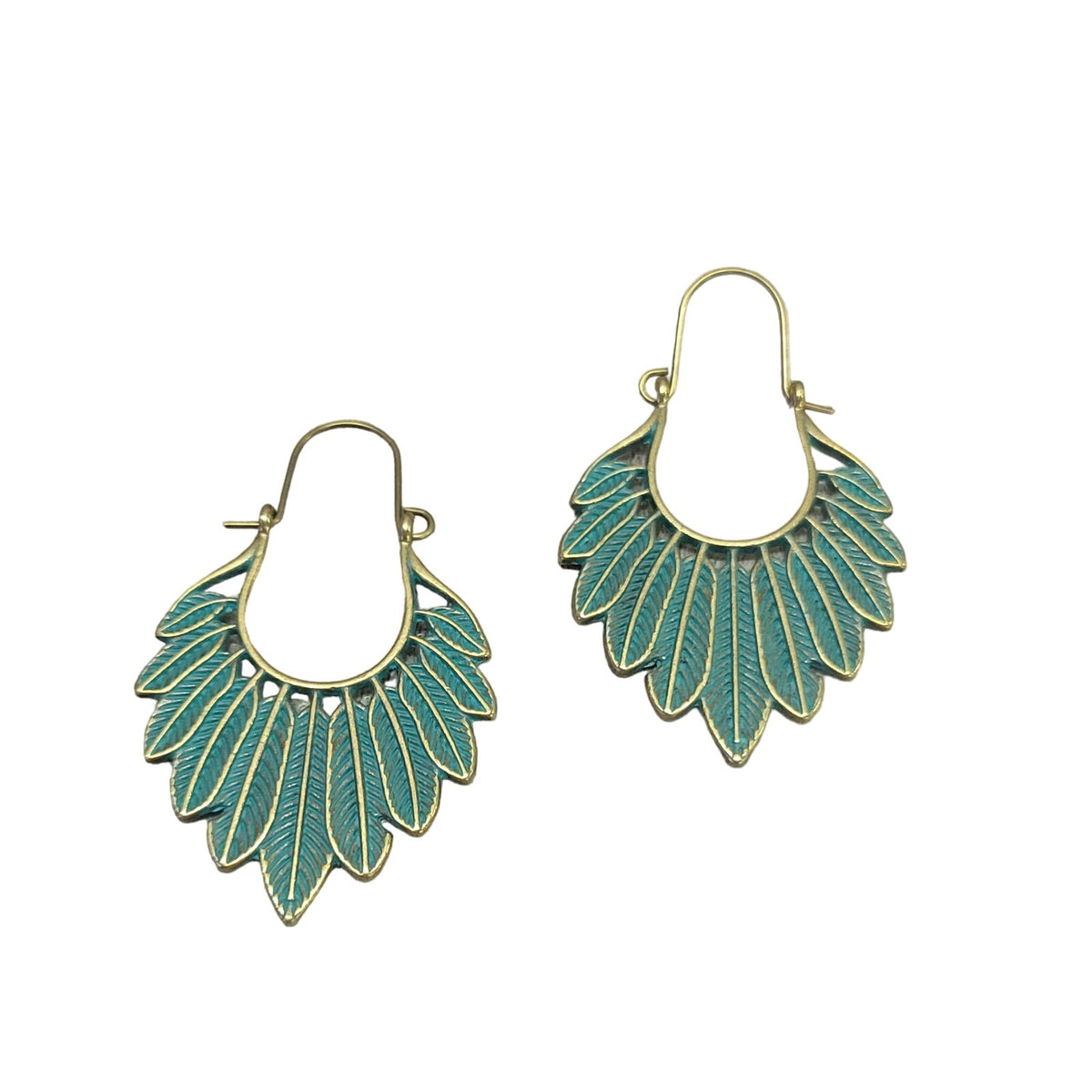 Metal distressed turquoise feathers earrings