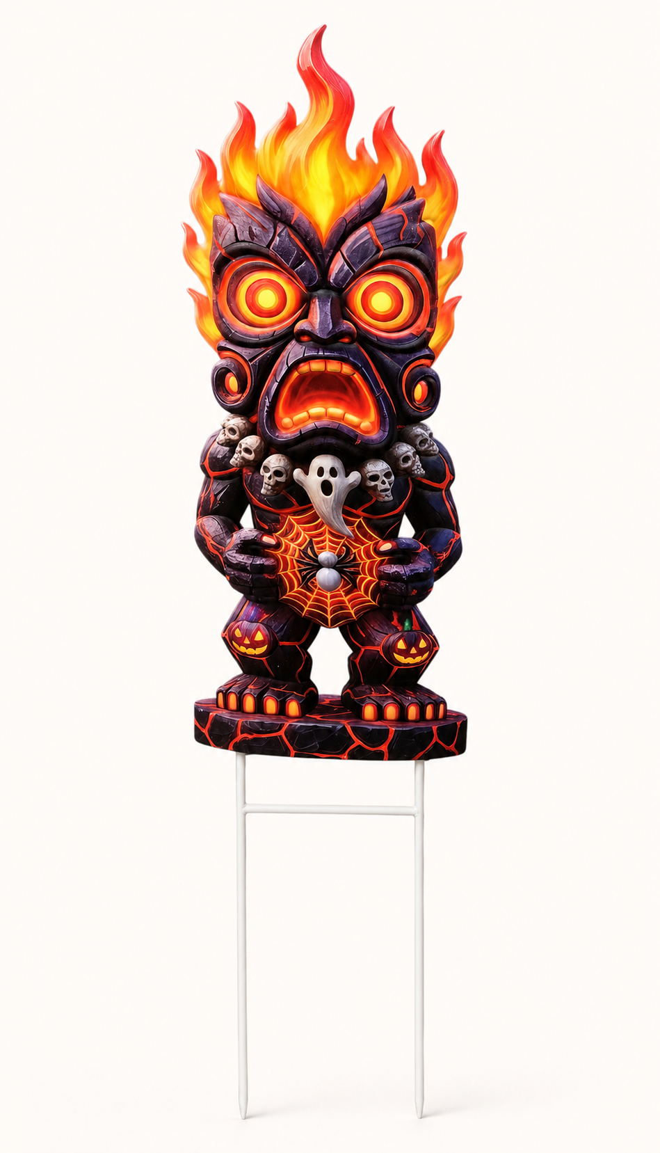 Flaming Halloween Tiki Garden Stake – Spooky Skull &amp; Pumpkin Yard Decor