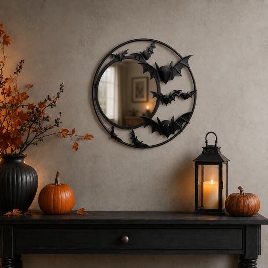 20-Inch Black Metal Bat Wall Art – Round Halloween Wall Decoration