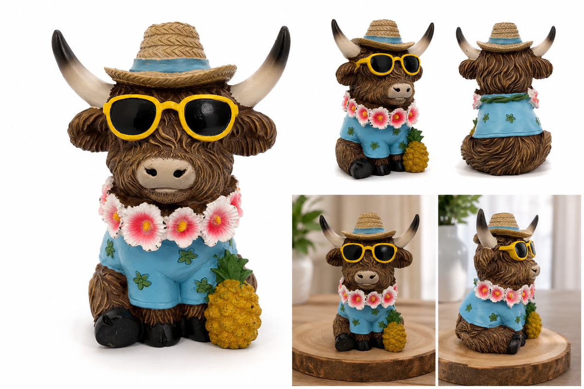 Aloha Angus™ Sunny Shores Highland Cow Garden Statue – Tropical Hawaiian Highland Cow Figurine with Pineapple & Sunglasses